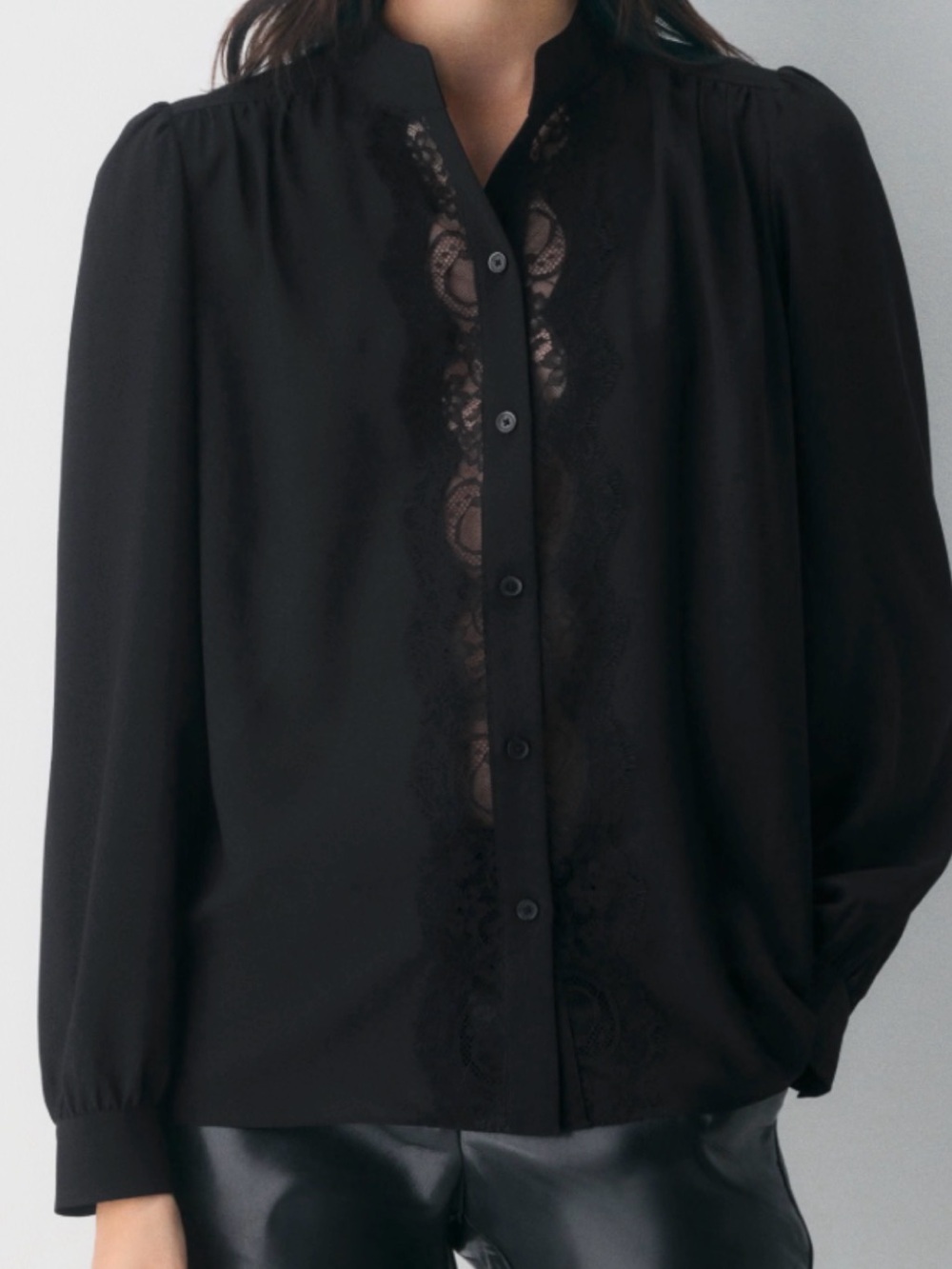 Aritzia Baroque Blouse in Black with  Lace-Trim Button-Front